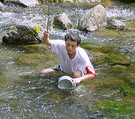 長者川で鮎しゃくり漁を行う仁淀川ネット管理人（西森博）